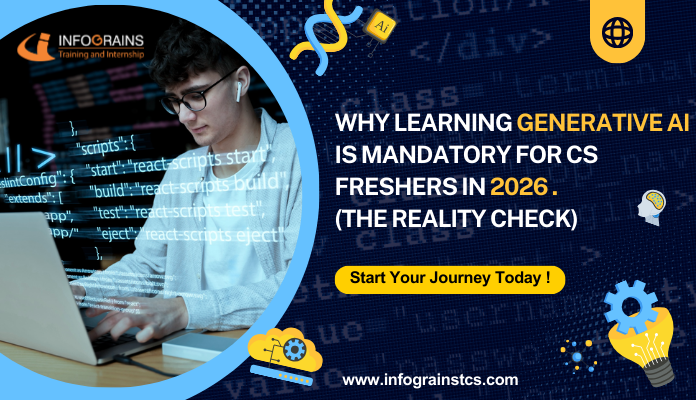 Why learning Generative AI is mandatory for CS freshers in 2026, illustrated by a student coding with AI technology at Infograins TCS